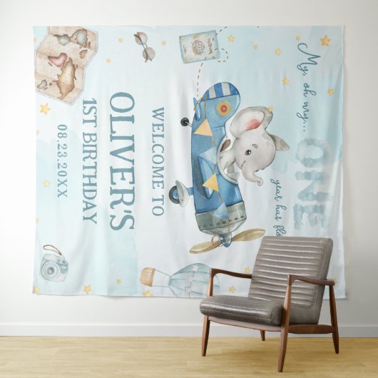 Tenture Aventure Éléphant Mignon Avion Bleu 1er Anniversai (En situation (horizontale))