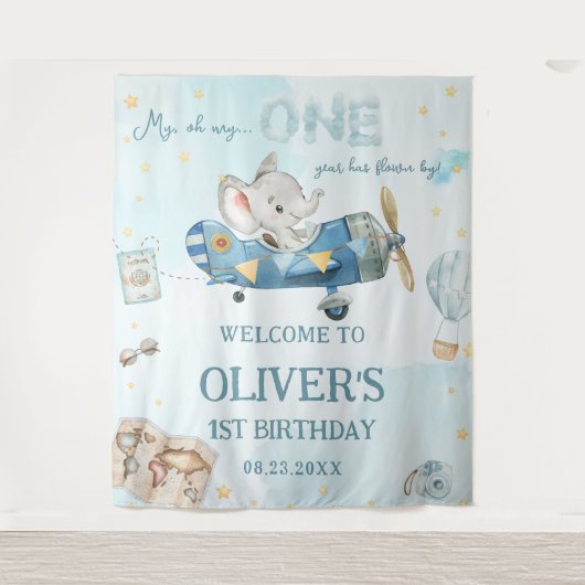 Tenture Aventure Éléphant Mignon Avion Bleu 1er Anniversai (Devant)