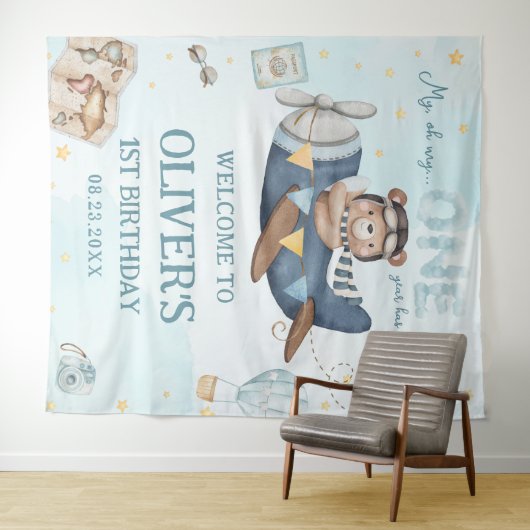 Tenture Aventure Ourson Mignon Avion Bleu Garçon 1er Anniv (En situation (horizontale))