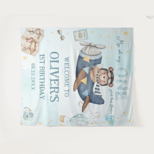 Tenture Aventure Ourson Mignon Avion Bleu Garçon 1er Anniv (Devant (Horizontal))