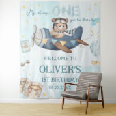 Tenture Aventure Ourson Mignon Avion Bleu Garçon 1er Anniv (En situation)