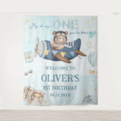 Tenture Aventure Ourson Mignon Avion Bleu Garçon 1er Anniv (Devant)