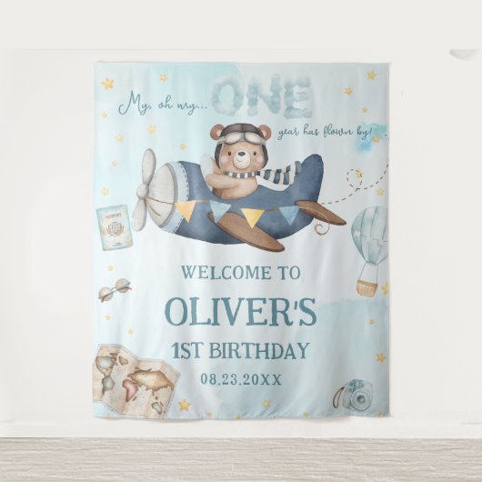 Tenture Aventure Ourson Mignon Avion Bleu Garçon 1er Anniv (Devant)