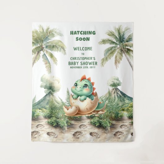 Tenture Baby shower Backdrop Blue Dino Hatching Bientôt (Devant)