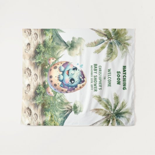 Tenture Baby shower Backdrop Hatching Bientôt Dino Design (Devant (Horizontal))