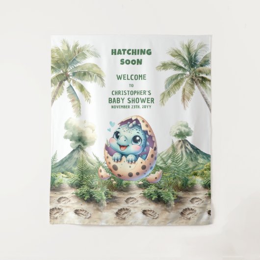 Tenture Baby shower Backdrop Hatching Bientôt Dino Design (Devant)