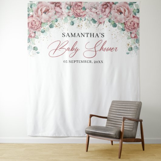 Tenture Baby shower bohème rose poudré eucalyptus doré (En situation)