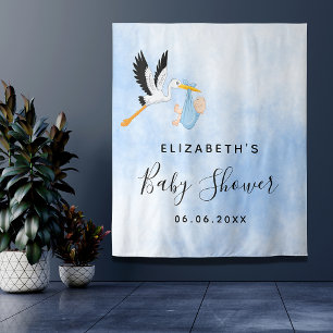 Tenture Baby Shower cigogne bleue garçon mignon