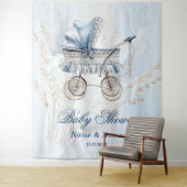 Tenture Baby shower Cute Classic Poussette Bleu Floral (En situation)