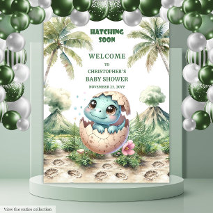 Tenture Baby shower de dinosaures Bleu Hatching Bientôt