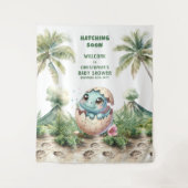 Tenture Baby shower de dinosaures Bleu Hatching Bientôt (Devant)