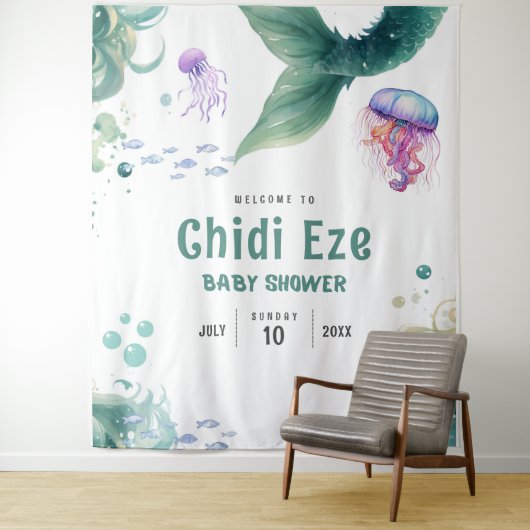 Tenture Baby shower de sirène couleur méduse aquarelle (En situation)
