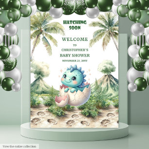 Tenture Baby shower Dino Bleu Hatching Bientôt arrière-pla