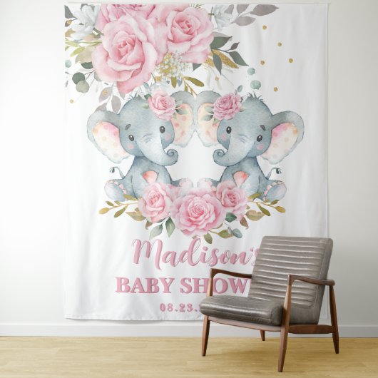 Tenture Baby shower Eléphant rose Floral Twins (En situation)