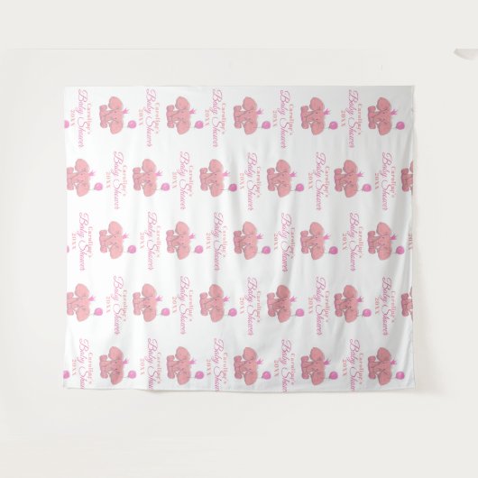Tenture Baby Shower Eléphant Rose | Répétition de Pas (Devant (Horizontal))