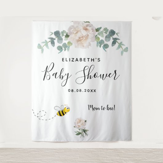 Tenture Baby Shower eucalyptus blanc floral maman abeille (Devant)