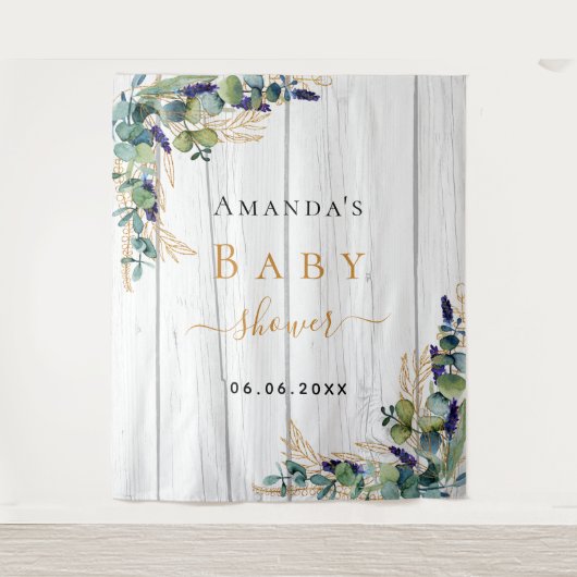 Tenture Baby Shower eucalyptus verdure bois blanc (Devant)
