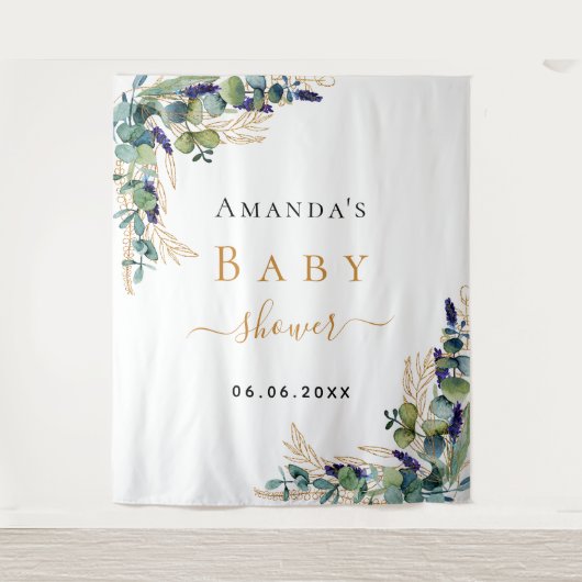 Tenture Baby Shower eucalyptus verdure monogramme doré (Devant)
