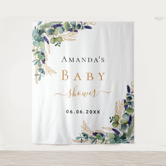 Tenture Baby Shower eucalyptus verdure monogramme or (Devant)