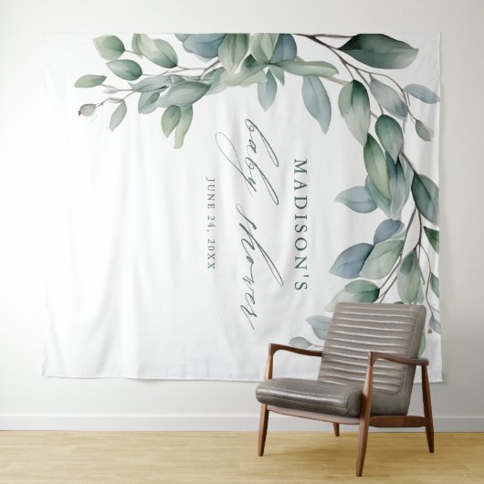 Tenture Baby shower Eucalyptus Verdure Script fond (En situation (horizontale))