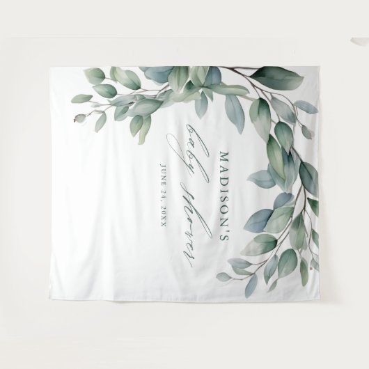 Tenture Baby shower Eucalyptus Verdure Script fond (Devant (Horizontal))