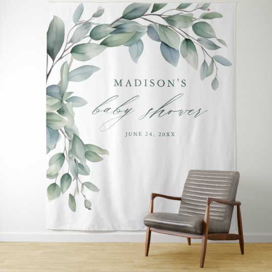 Tenture Baby shower Eucalyptus Verdure Script fond (En situation)