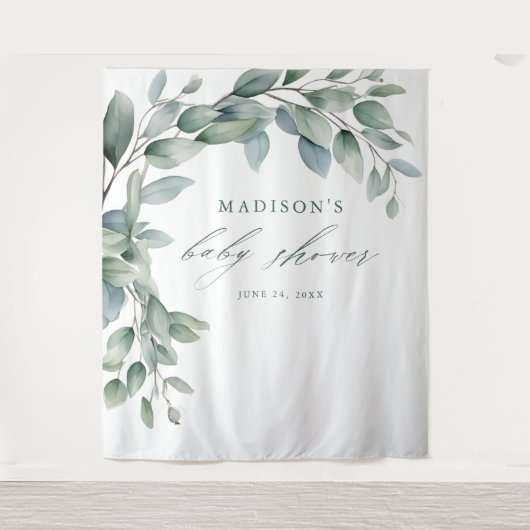 Tenture Baby shower Eucalyptus Verdure Script fond (Devant)