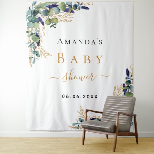 Tenture Baby shower eucalyptus vert or monogramme (En situation)