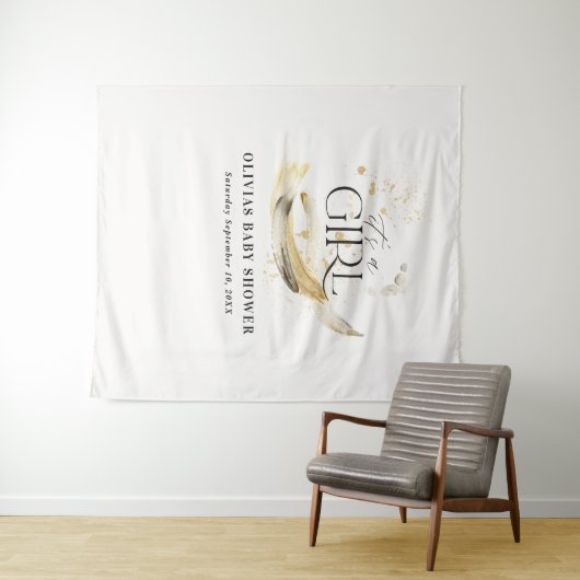 Tenture Baby shower fille aquarelle abstraite or naturel (En situation (horizontale))