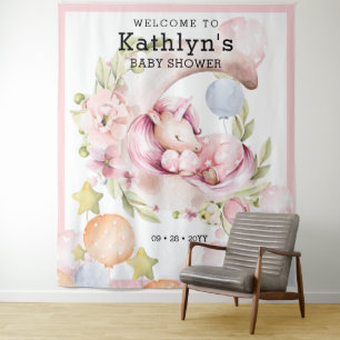 Tenture Baby Shower Fille Licorne Rose Élégante Verdure