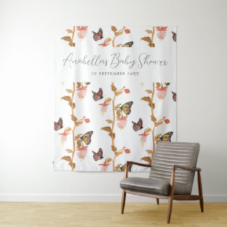Tenture Baby Shower Fille Papillon Bohème Rose Moderne