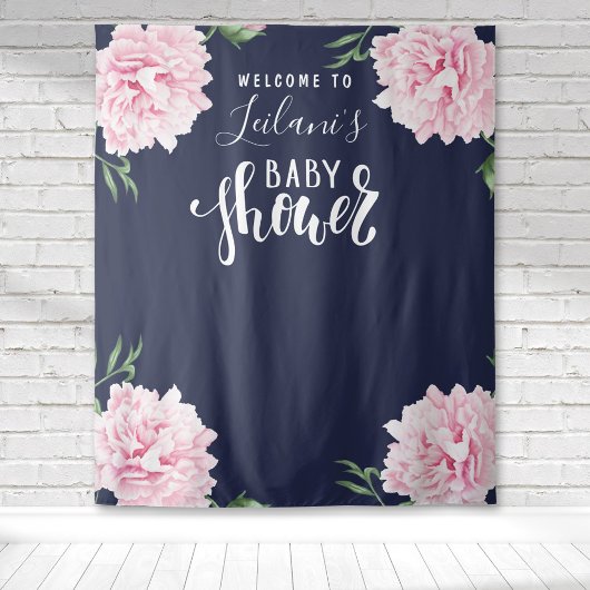 Tenture Baby Shower Fleur de Pivoine Rose Bleu Marine Bien