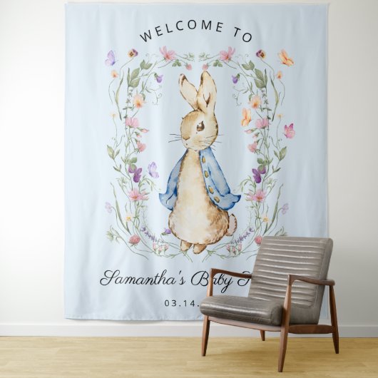 Tenture Baby shower Fleur sauvage du mignon Peter Rabbit (En situation)