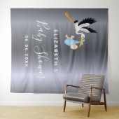 Tenture Baby shower garçon bleu cigogne en argent (En situation (horizontale))