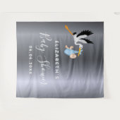 Tenture Baby shower garçon bleu cigogne en argent (Devant (Horizontal))
