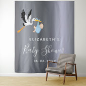 Tenture Baby shower garçon bleu cigogne en argent (En situation)
