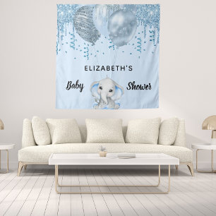Tenture Baby Shower garçon bleu clair éléphant paillettes 
