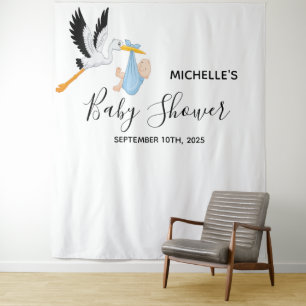 Tenture Baby shower garçon cigogne blanc toile de fond