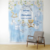Tenture Baby shower garçon Fleurs bleues Teddy Bear fond (En situation)