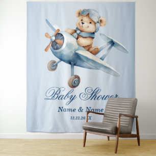 Tenture Baby shower mignonne ours bébé pilote avion bleu