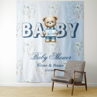 Tenture Baby Shower Ourson Mignon Fleur Bleue Beau