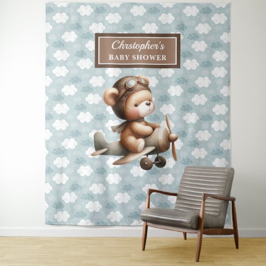 Tenture Baby shower pilote d'ours en peluche adorable (En situation)
