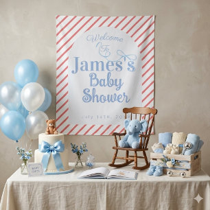 Tenture Baby shower « Rayures rouges et ruban bleu clair »