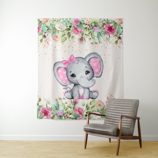 Tenture Baby shower rose floral Baby shower éléphant (En situation)