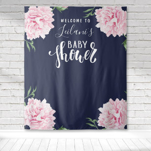 Tenture Baby Shower Rose Pivoine Bleu Marine Bienvenue