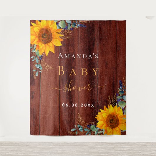 Tenture Baby Shower tournesol rustique bois marron eucalyp (Devant)
