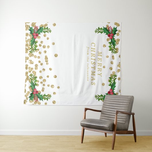 Tenture Backdrop Gold Red Joyeux Noël Holly Parties scinti (En situation (horizontale))