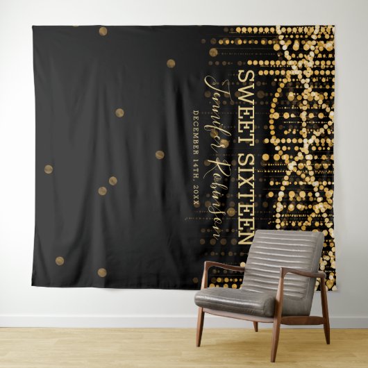 Tenture Backdrop Sweet 16 Gold String Lights (En situation (horizontale))