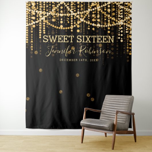 Tenture Backdrop Sweet 16 Gold String Lights (En situation)