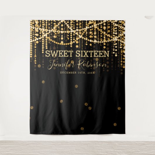 Tenture Backdrop Sweet 16 Gold String Lights (Devant)